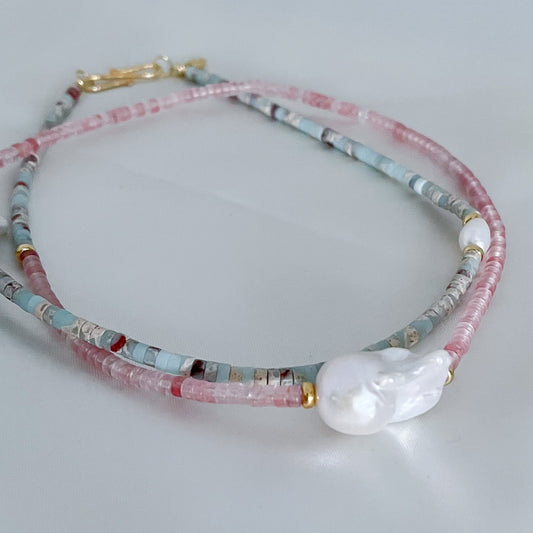 Collana Big perla ROSA/VERDE ACQUA